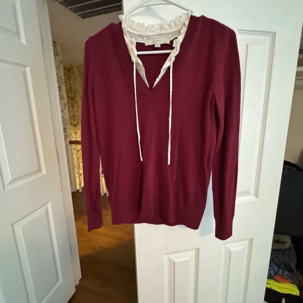 LOFT Maroon Blouse with Ruffle Detail